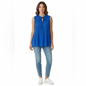 Ellentracy Blue Pleated Sleeveless Tie Neck Blouse Size M